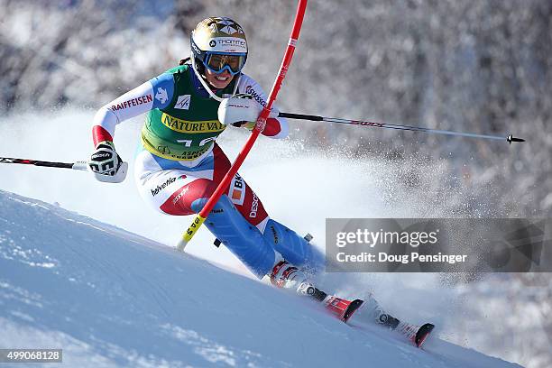 Michelle Gisin of Switzerland competes in the first run of the slalom during the Audi FIS Women's Alpine Ski World Cup at the Nature Valley Aspen...