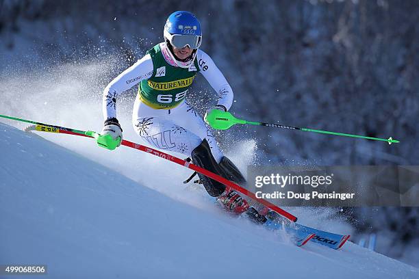 Piera Husdon of New Zealand competes in the first run of the slalom during the Audi FIS Women's Alpine Ski World Cup at the Nature Valley Aspen...