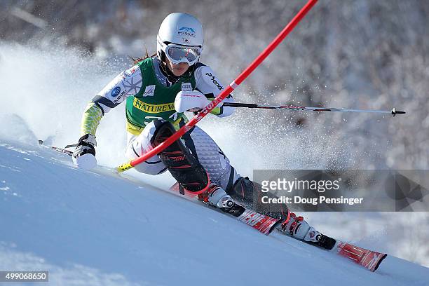 Emi Hasegawa of Japan competes in the first run of the slalom during the Audi FIS Women's Alpine Ski World Cup at the Nature Valley Aspen...