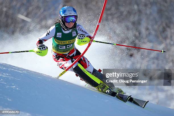 Katharina Lavtar of Austria competes in the first run of the slalom during the Audi FIS Women's Alpine Ski World Cup at the Nature Valley Aspen...