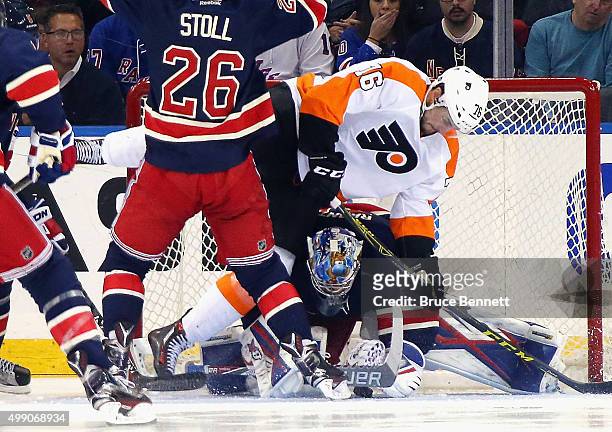 Chris VandeVelde of the Philadelphia Flyers misses a scoring chance against Antti Raanta of the New York Rangers during the second period at Madison...