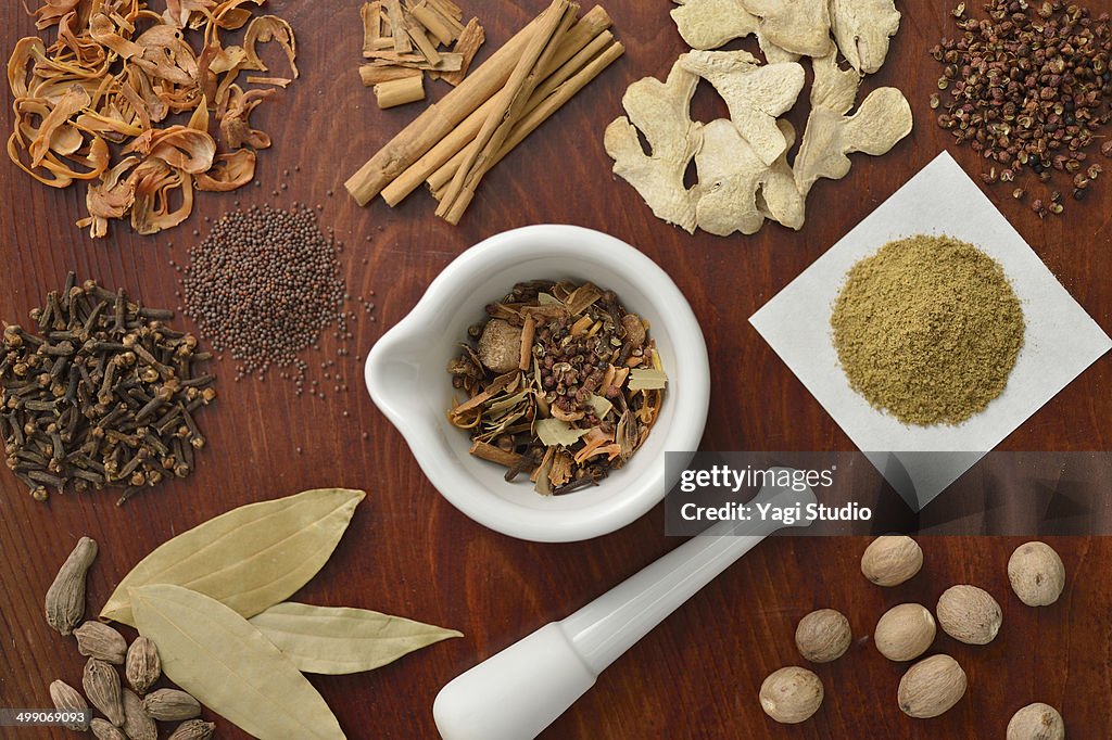 Health food spices with mortar and pestle