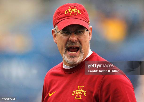 Paul Rhoads of the Iowa State Cyclones coaches during the game against the West Virginia Mountaineers on November 28, 2015 at Mountaineer Field in...