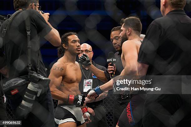 Benson Henderson of the United States of America stares down Jorge Masvidal of the United States of America in their welterweight bout during the UFC...