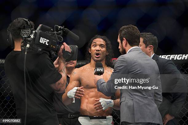 Benson Henderson of the United States of America talks to media the UFC Fight Night at the Olympic Park Gymnastics Arena on November 28, 2015 in...