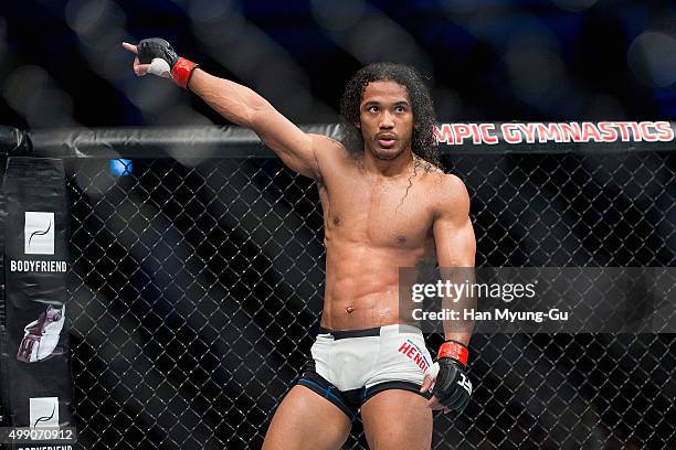 Benson Henderson of the United States of America stares down Jorge Masvidal of the United States of America in their welterweight bout during the UFC...