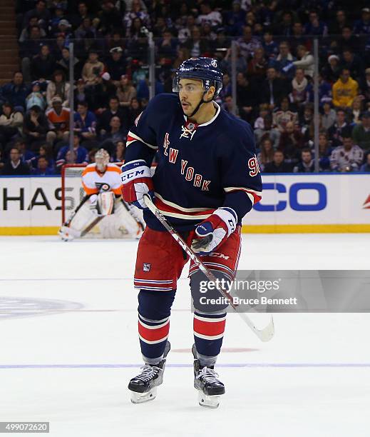 Emerson Etem of the New York Rangers skates against the Philadelphia Flyers at Madison Square Garden on November 28, 2015 in New York City. The...