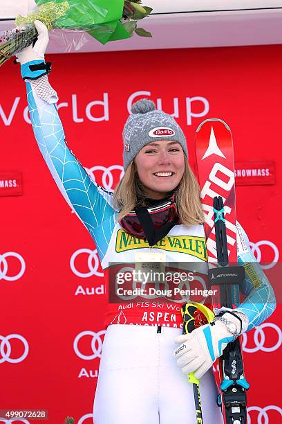 Mikaela Shiffrin of the United States celebrates on the podium after winning the slalom during the Audi FIS Women's Alpine Ski World Cup at the...