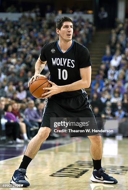 Damjan Rudez of the Minnesota Timberwolves looks to pass the ball against the Sacramento Kings during an NBA basketball game at Sleep Train Arena on...