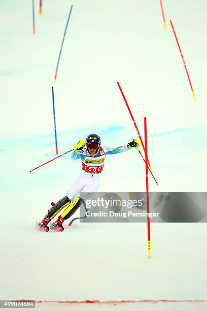 Mikaela Shiffrin of the United States navigates the final gates to the finish on her second run to win the slalom during the Audi FIS Women's Alpine...