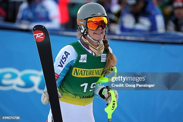 Resi Stiegler of the United States finished her second run as she finished 15th in the slalom during the Audi FIS Women's Alpine Ski World Cup at the...