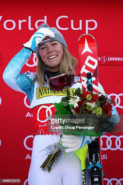 Mikaela Shiffrin of the United States celebrates on the podium after winning the slalom during the Audi FIS Women's Alpine Ski World Cup at the...
