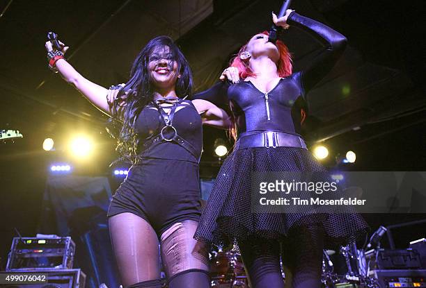 Carla Harvey and Heidi Shepherd of Butcher Babies perform in support of the band's "Take It Like a Man" release at Ace of Spades on November 27, 2015...
