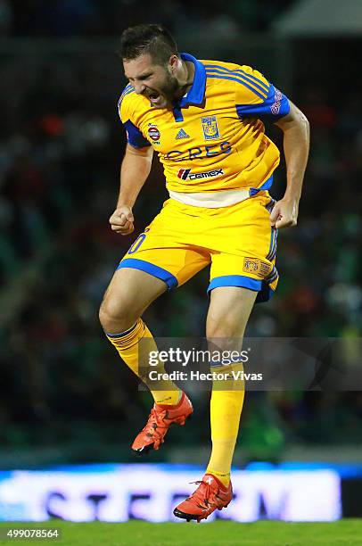 Andre Pierre Gignac of Tigres celebrates after scoring the first goal of his team during the quarterfinals second leg match between Chiapas and...