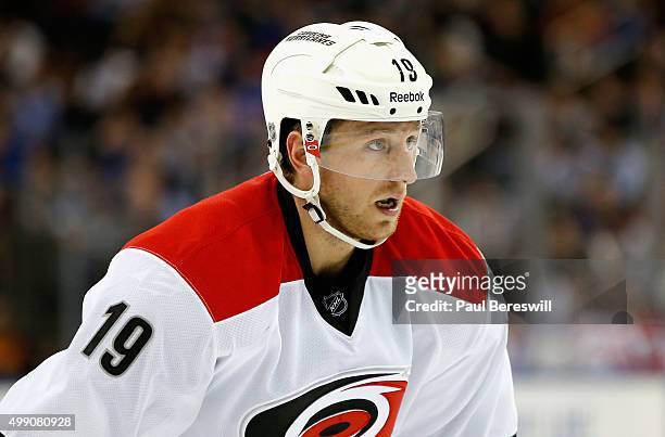 Jiri Tlusty of the Carolina Hurricanes plays in the game against New York Rangers at Madison Square Garden on October 16, 2014 in New York, New York.