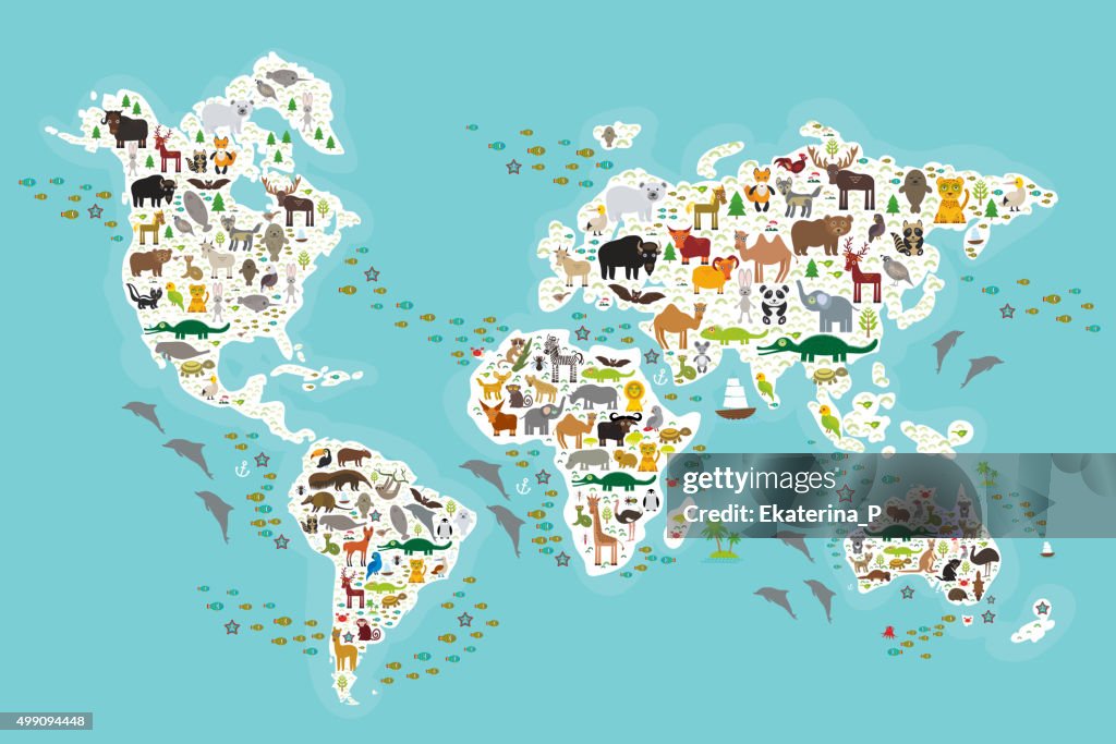 World Map For Children Animals From All Over The World High-Res Vector