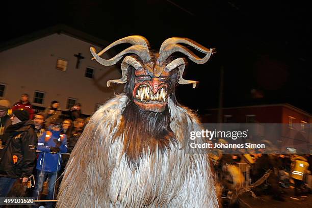 Participants dressed as the Krampus creature walk the streets in search of delinquent children during a Krampus run on November 28, 2015 in Salzburg,...