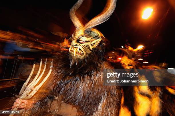 Participants dressed as the Krampus creature walk the streets in search of delinquent children during a Krampus run on November 28, 2015 in Salzburg,...