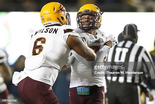 Marcus Ball and Jay Jay Wilson of the Arizona State Sun Devils celebrates after Ball recovered a fumble against the California Golden Bears during...