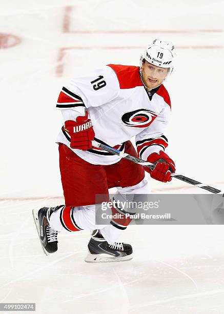 Jiri Tlusty of the Carolina Hurricanes plays in the game against New York Rangers at Madison Square Garden on October 16, 2014 in New York, New York.