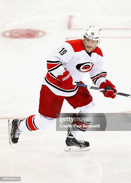 Jiri Tlusty of the Carolina Hurricanes plays in the game against New York Rangers at Madison Square Garden on October 16, 2014 in New York, New York.