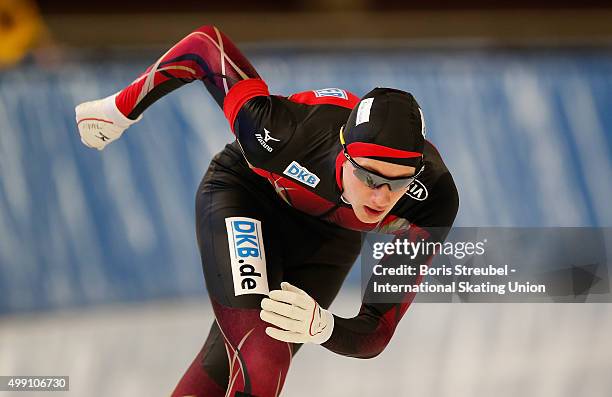 Jeremias Marx of Germany competes in the men's 3000m race during day one of the ISU Junior World Cup Speed Skating at Sportforum Hohenschoenhausen on...