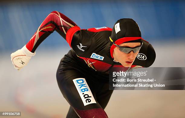Jeremias Marx of Germany competes in the men's 3000m race during day one of the ISU Junior World Cup Speed Skating at Sportforum Hohenschoenhausen on...