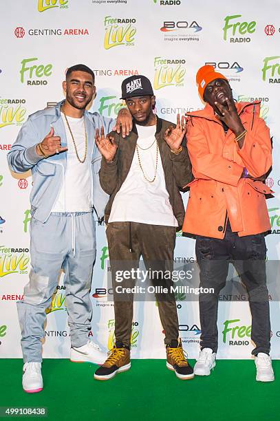 Akelle Charles, Louis Rei and Haile Rei of WSTRN posse backstage for portraits during Free Radio 2015 at Genting Arena on November 28, 2015 in...
