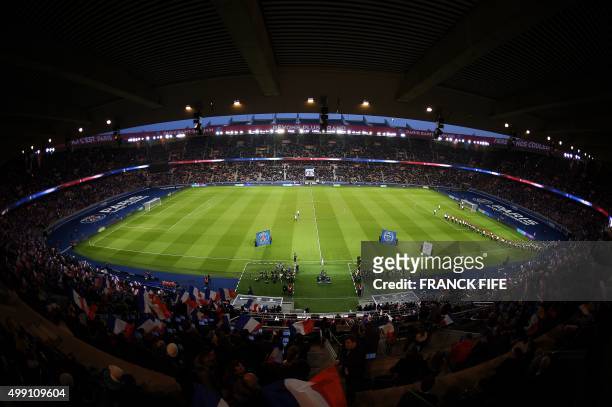 General view shows the Parc des Princes stadium in Paris ahead of the French L1 football match between Paris Saint-Germain vs Troyes on November 28,...