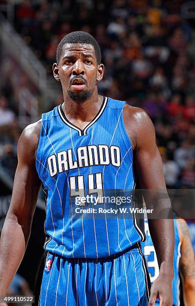 Andrew Nicholson of the Orlando Magic looks on during the game against the Cleveland Cavaliers on November 23, 2015 at Quicken Loans Arena in...