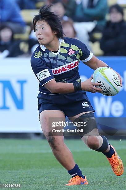 Yume Ohkuroda of Japan passes the ball during the World Sevens Asia Olympic Qualification match between Japan and Sri Lanka at Prince Chichibu...