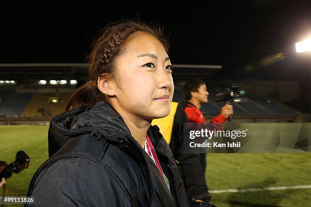 Marie Yamaguchi of Japan celebrates with fans after winning the World Sevens Asia Olympic Qualification match between Japan and Kazakhstan at Prince...