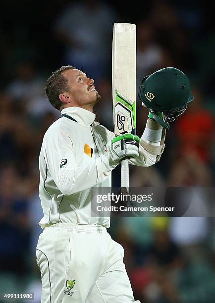 Peter Siddle of Australia looks to the sky after hitting the winning runs during day three of the Third Test match between Australia and New Zealand...