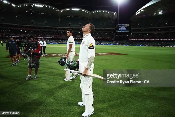 Peter Siddle of Australia and Mitchell Starc of Australia react after day three of the Third Test match between Australia and New Zealand at Adelaide...