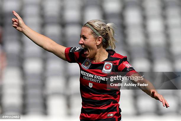 Erica Halloway of the Wanderers celebrates during the round seven A-League match between the Western Sydney Wanderers and Canberra United at Central...