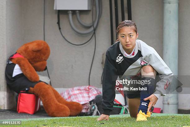 Marie Yamaguchi of Japan warmup prior to the World Sevens Asia Olympic Qualification match between Japan and Kazakhstan at Prince Chichibu Stadium on...