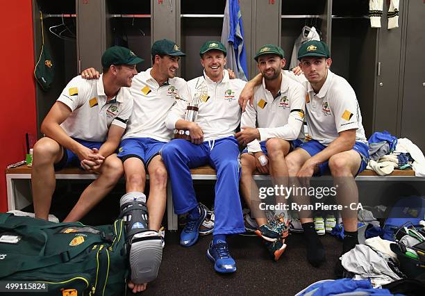 Josh Hazlewood, Mitchell Starc, Peter Siddle, Nathan Lyon and Mitch Marsh of Australia celebrate in the change rooms after day three of the Third...