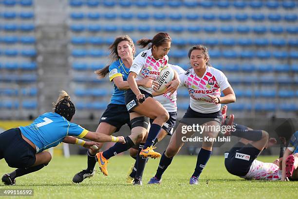 Marie Yamaguchi of Japan jumps with the ball during the World Sevens Asia Olympic Qualification match between Japan and Kazakhstan at Prince Chichibu...
