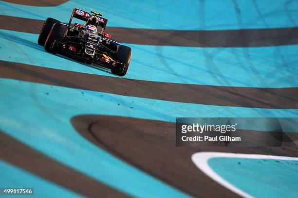 Pastor Maldonado of Venezuela and Lotus runs wide during the Abu Dhabi Formula One Grand Prix at Yas Marina Circuit on November 29, 2015 in Abu...