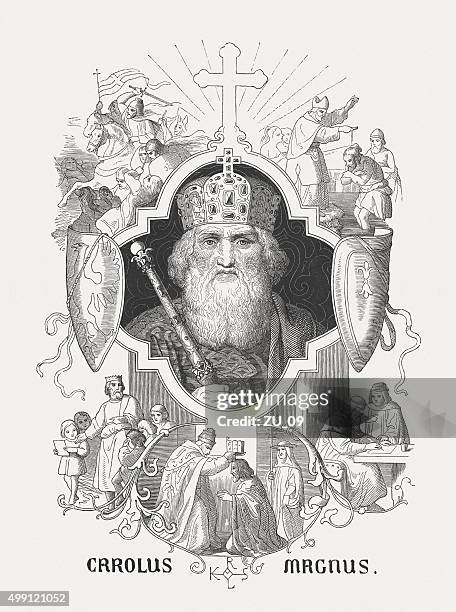 ilustraciones, imágenes clip art, dibujos animados e iconos de stock de carlomagno-el primer emperador romano, publicado en 1876 - carlo magno