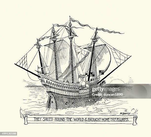golden hind captained by sir francis drake - golden hind ship 幅插畫檔、美工圖案、卡通及圖標