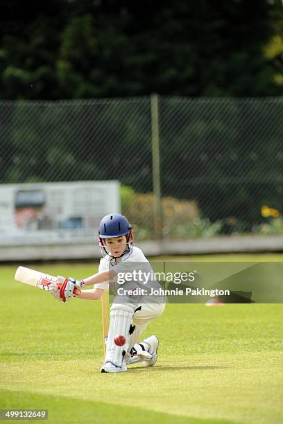 young boy cricket sweep shot - cricketer stock-fotos und bilder