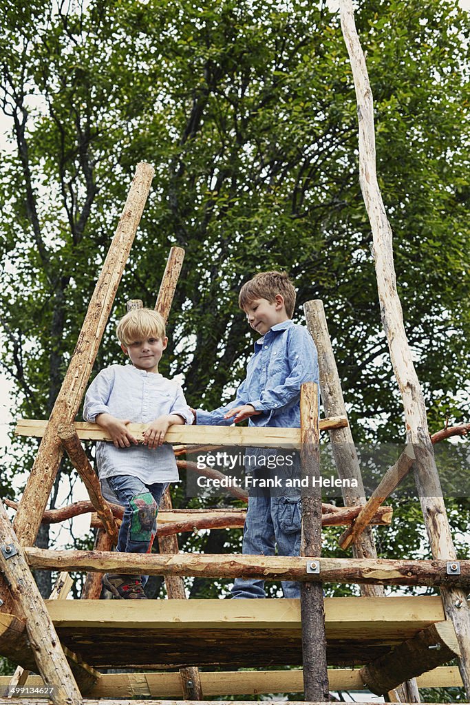 Two young brothers on top of tree house in forest