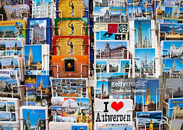 close up of postcard display, antwerp, belgium - souvenirs stock-fotos und bilder