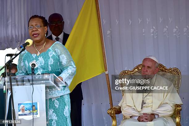 Interim leader of the Central African Republic, Catherine Samba Panza holds a welcome speach in front of Pope Francis at the State House in Bangui,...