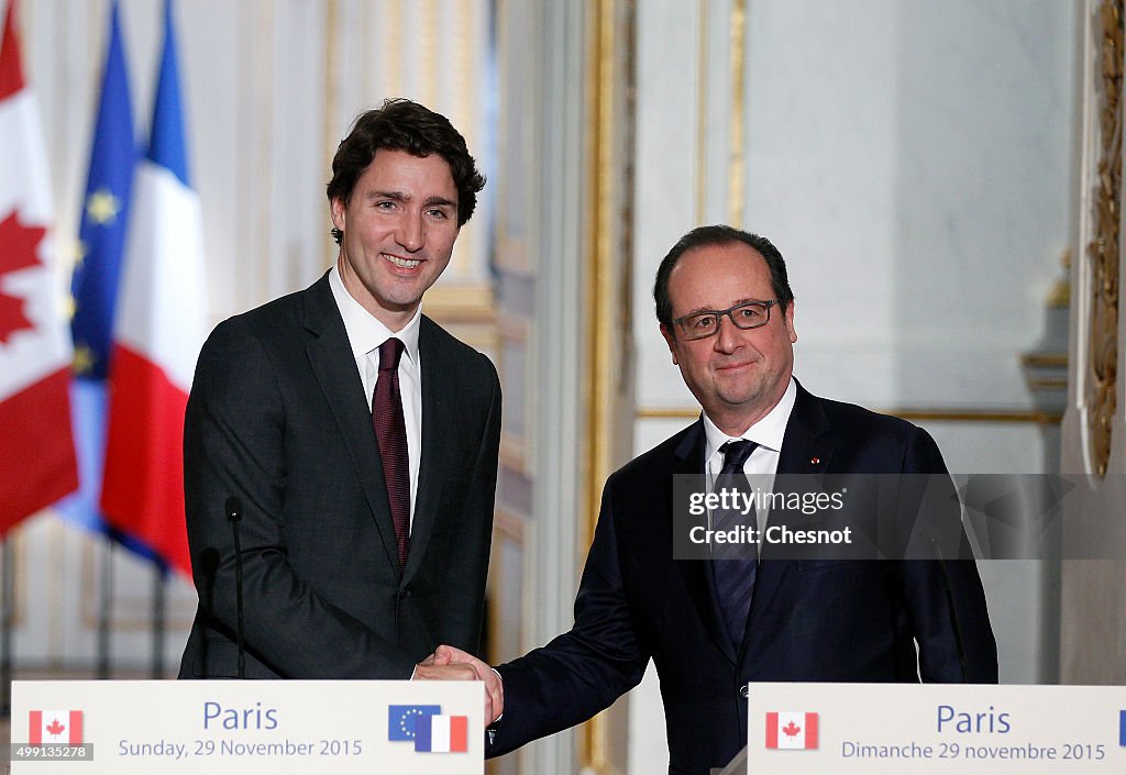 French President Francois Hollande Receives Justin Trudeau,  Canadian Prime Minister At Elysee Palace