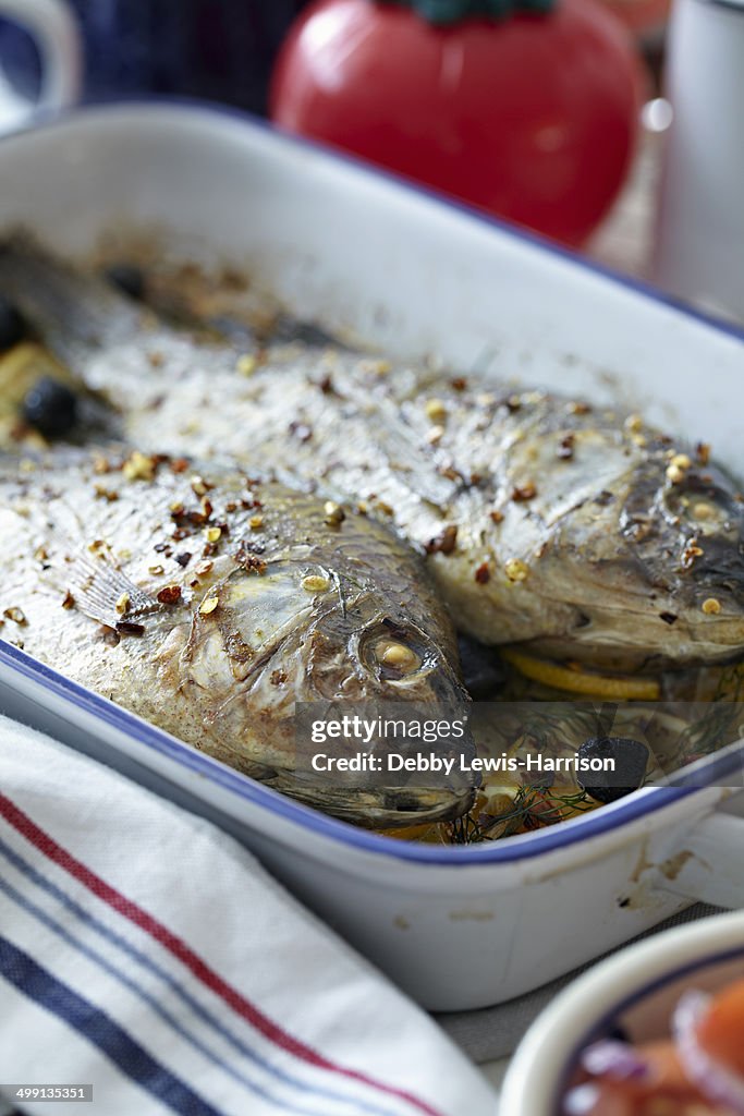 Tray of baked fresh fish