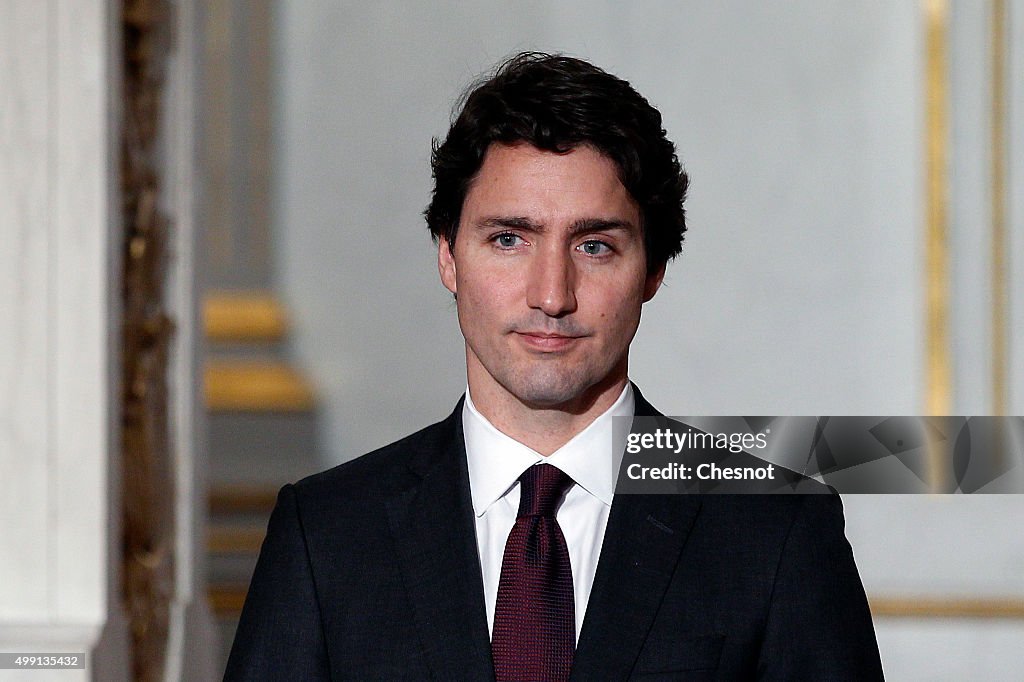 French President Francois Hollande Receives Justin Trudeau,  Canadian Prime Minister At Elysee Palace