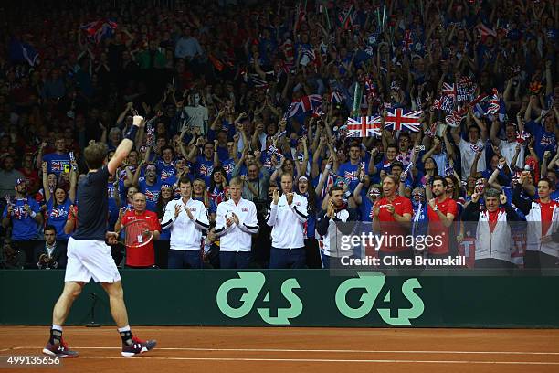 Andy Murray of Great Britain celebrates winning the second set during the singles match against David Goffin of Belgium on day three of the Davis Cup...