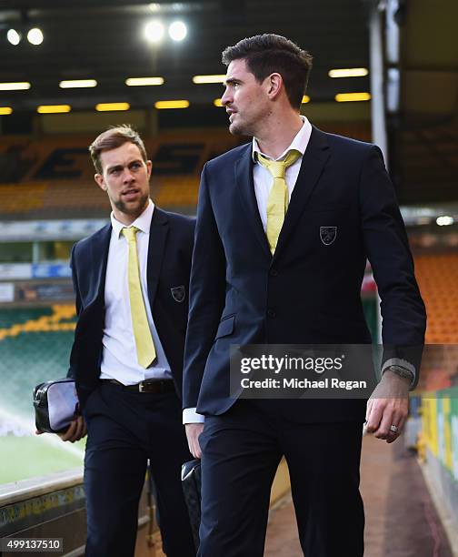 Steven Whittaker and Kyle Lafferty of Norwich City arrive prior to the Barclays Premier League match between Norwich City and Arsenal at Carrow Road...